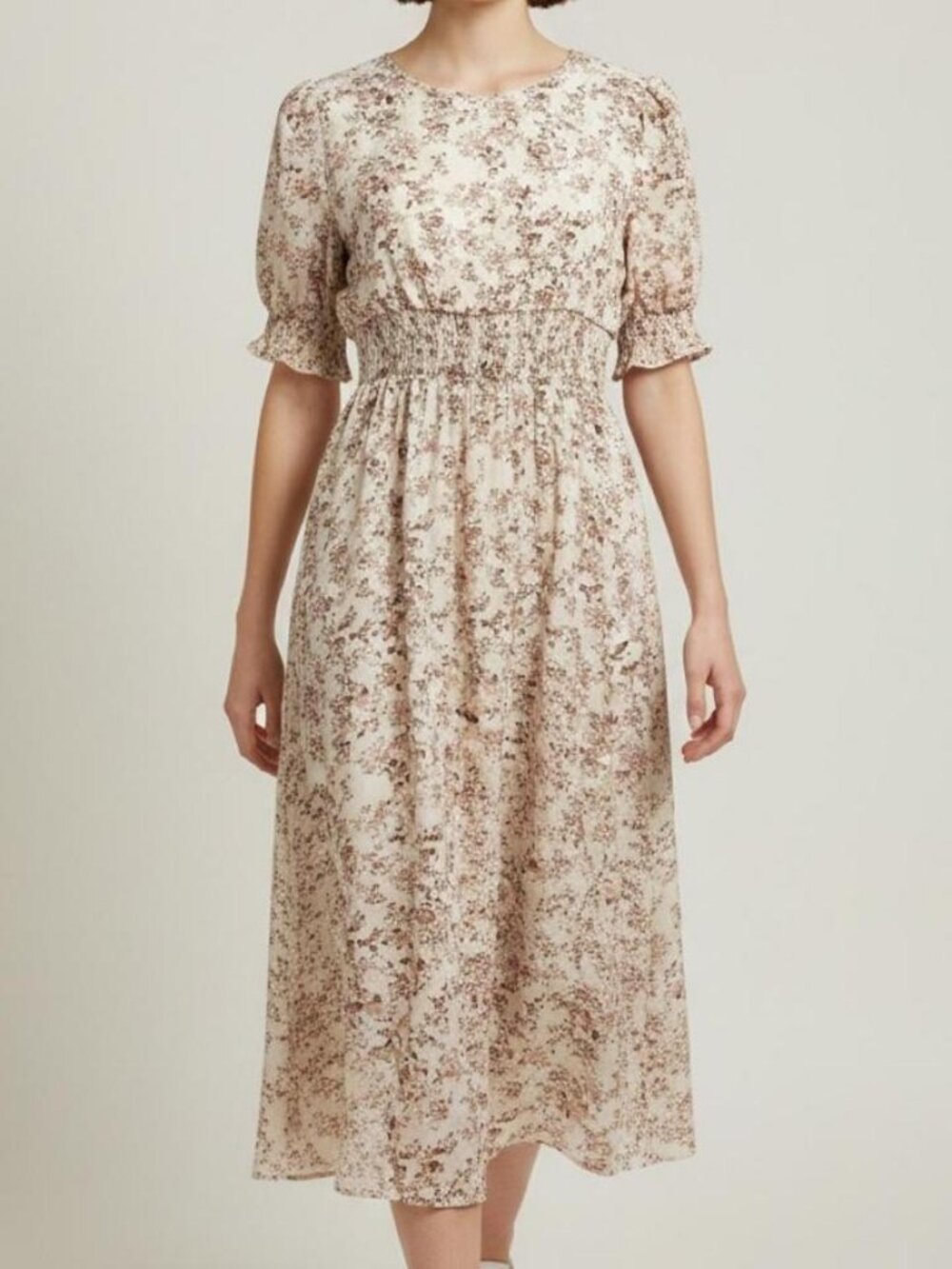 YESFASHION Floral Midi Dress — Puff Sleeve, Smocked Waist, Apricot